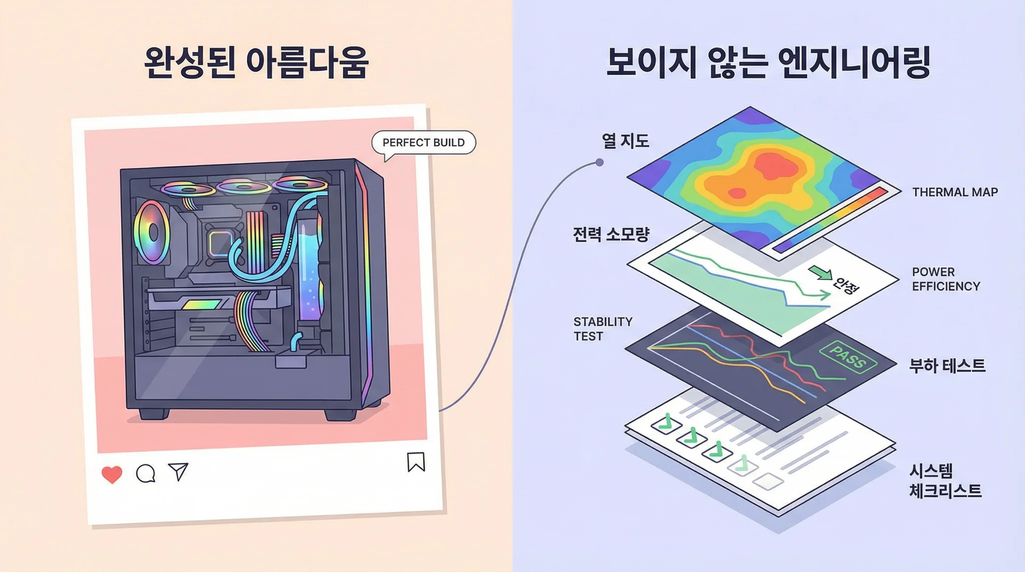 하나는 단순히 예쁘게 조립된 PC의 ‘겉모습’만 보이는 사진, 다른 하나는 그 뒤에 숨어 있는 워크로드 설계 요소(발열 테스트, 전력 모니터링, 부하 테스트 그래프 등)를 겹쳐 보여주는 대비형 일러스트. 전면에는 깔끔한 조립 완료 사진, 배경이나 옆에는 그래프·아이콘·체크리스트로 ‘보이지 않는 과정’을 시각화.