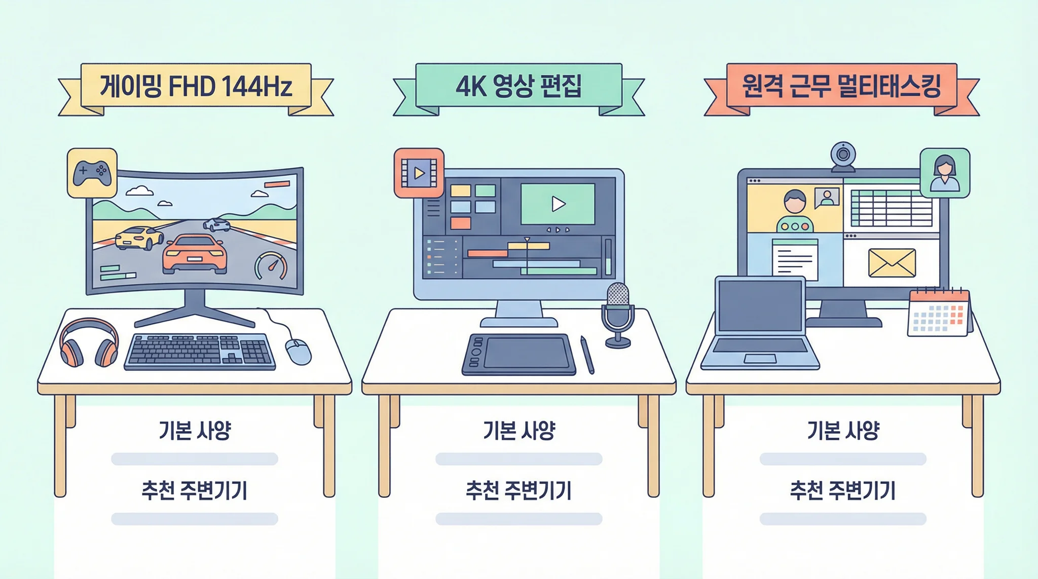 게임용, 영상편집용, 재택근무용 등 3~4가지 용도를 기준으로 서로 다른 PC 구성이 가지런히 나열된 일러스트. 각 PC 위에는 ‘배그 FHD 144Hz’, ‘4K 편집’, ‘재택 멀티태스킹’ 같은 문구와 간단한 아이콘(게임패드, 타임라인, 화상회의 아이콘 등)이 표시되어, 용도별 고정견적 개념이 한눈에 보이는 구성.